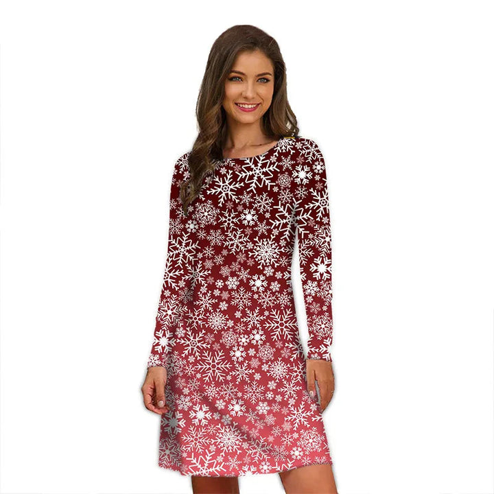 Robe de Noël bordeaux à motif de flocons blancs dégradés, manches longues, portée en studio