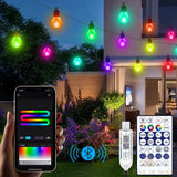 Guirlande guinguette multicolore de 15 m et 25 ampoules, allumée dans un jardin le soir, télécommande Bluetooth