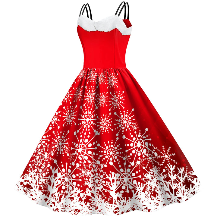 Robe bustier rouge à flocons blancs denses et bordure façon branches enneigées, sans mannequin