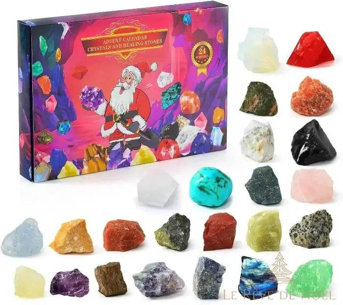 Calendrier de l'avent rouge illustré d'un Père Noël dans une grotte de cristaux, pierres brutes