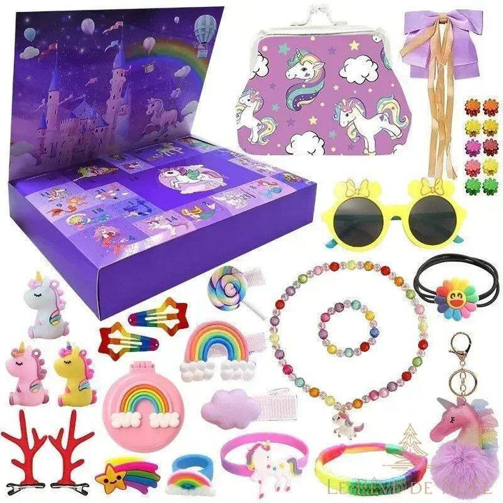 Calendrier de l'avent Monde enchanté, boîte licorne violette avec sac à main et lunettes jaunes