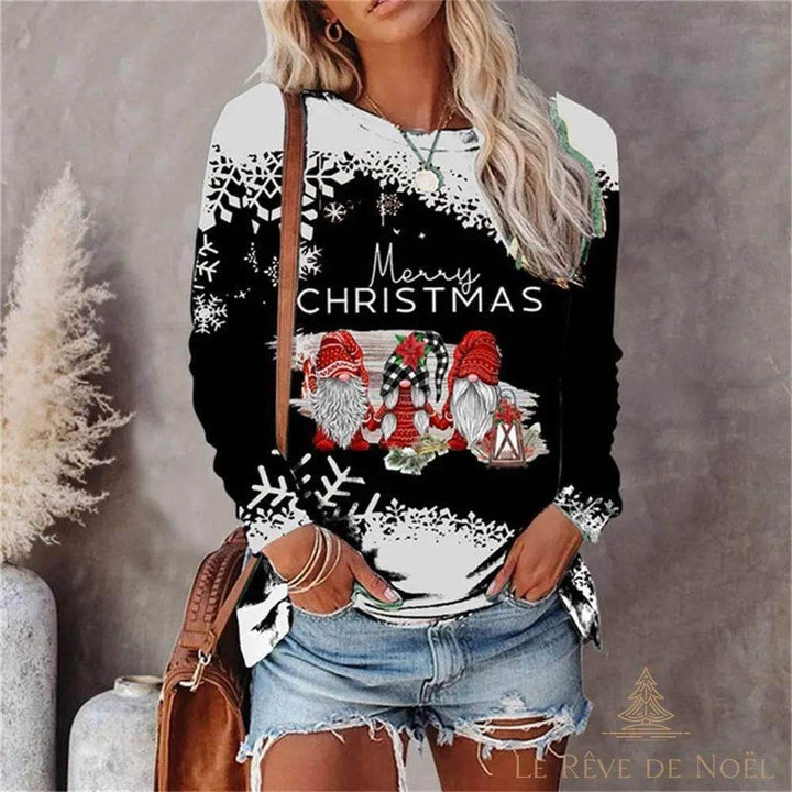 Pull noir à bordure de flocons blancs, trois lutins gonk imprimés, texte « Merry Christmas »