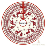 Couvre-pied de sapin rond, même motif scandinave à rennes rouge et écru, format 120 cm