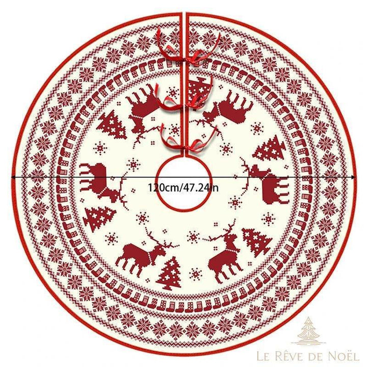 Couvre-pied de sapin rond, même motif scandinave à rennes rouge et écru, format 120 cm