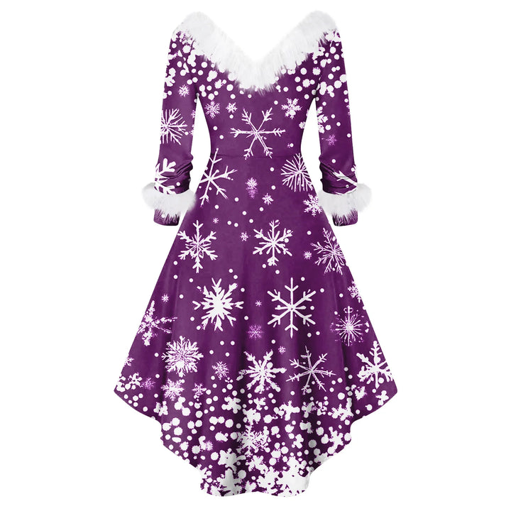Robe de soirée de Noël violette, col et manchettes en fausse fourrure blanche, flocons imprimés