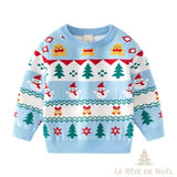 Pull de Noël enfant bleu ciel à motifs bonhommes pain d'épice, sapins et bonhommes de neige