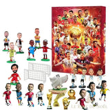 Même boîte du calendrier de l'avent foot sur fond blanc, avec figurines de joueurs, mini cages de but et trophées