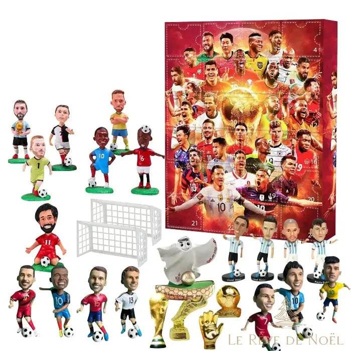 Même boîte du calendrier de l'avent foot sur fond blanc, avec figurines de joueurs, mini cages de but et trophées