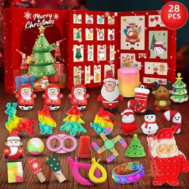 Même calendrier livre rouge à 24 cases, accompagné de figurines Père Noël culbuto, pop-it et jouets antistress variés