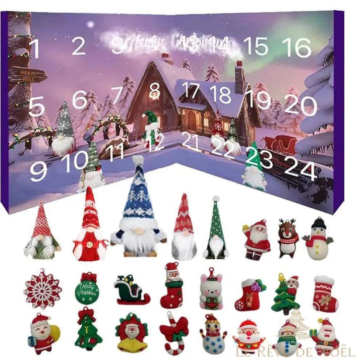 Calendrier de l'avent déco : boîte numérotée entourée de lutins, figurines et breloques