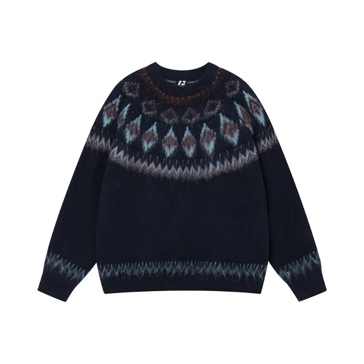 Pull de Noël femme vintage bleu marine, motif jacquard bordeaux et bleu clair, présenté à plat