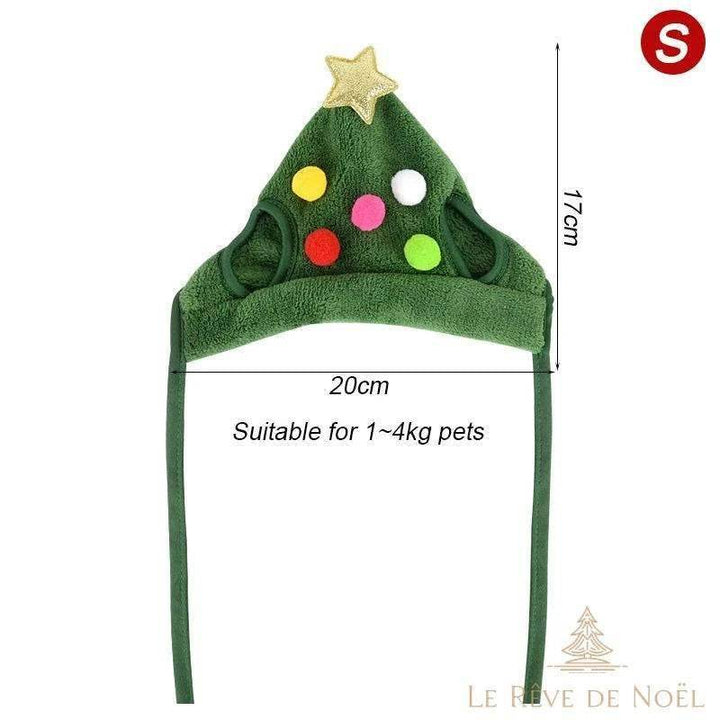 Schéma du bonnet sapin vert taille S : 17 cm de haut, 20 cm de large, pour animaux de 1 à 4 kg