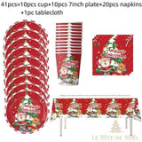 Assiettes, gobelets, serviettes et nappe jetables rouges du lot de 41 pièces, motif Père Noël