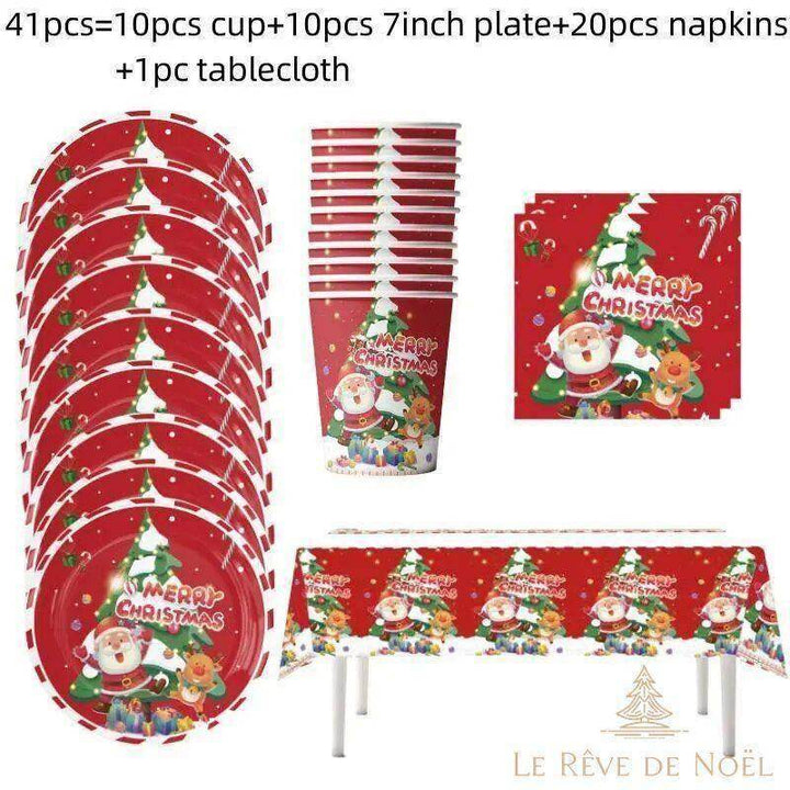 Assiettes, gobelets, serviettes et nappe jetables rouges du lot de 41 pièces, motif Père Noël