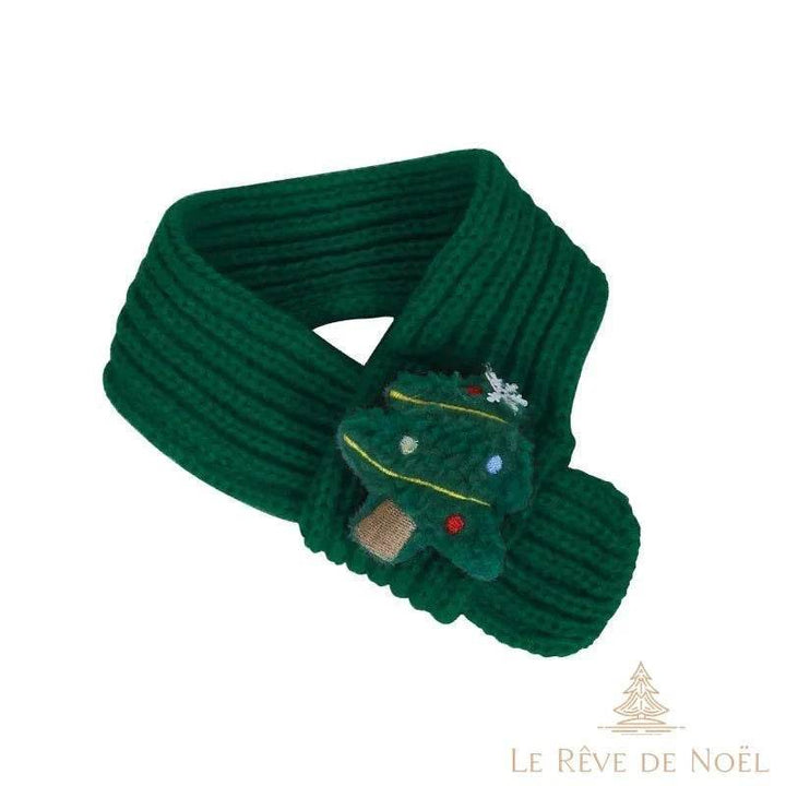 Écharpe tricotée verte pour chien, enroulée, écusson sapin en relief à perles colorées