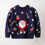 Pull de Noël enfant bleu marine, même motif Père Noël, cadeaux et sucres d'orge