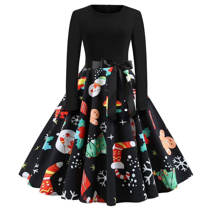 Robe de Noël noire, jupe à motif coloré de bonhomme de neige, sapins et étoiles