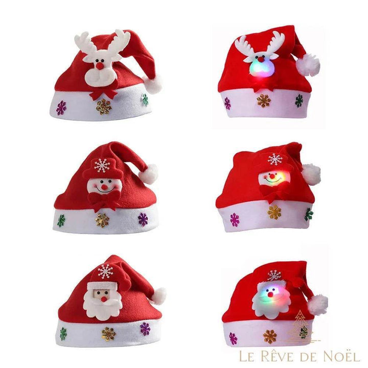 Six bonnets de Noël rouge et blanc, motifs renne, bonhomme de neige et Père Noël, certains allumés