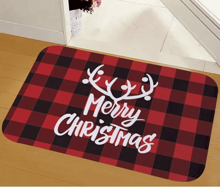 Tapis à carreaux rouge et noir avec contour blanc de bois de renne et texte Merry Christmas