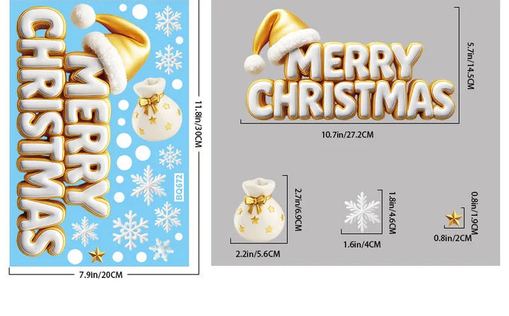 Sticker texte doré Merry Christmas avec bonnet, planche 20x30cm avec dimensions