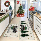 Tapis de cuisine blancs à motif camion vintage transportant un sapin, étoiles dorées, posés au sol