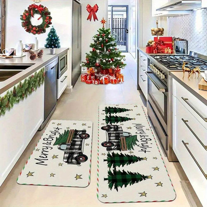 Tapis de cuisine blancs à motif camion vintage transportant un sapin, étoiles dorées, posés au sol