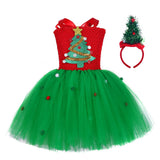 Robe tutu de Noël bicolore : buste rouge à sapin pailleté, jupon vert à pompons
