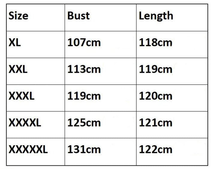 Tableau des tailles de la robe de Noël grande taille : tour de poitrine et longueur du XL au 5XL