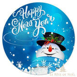 Sous-assiette ronde bleue à bonhomme de neige en haut-de-forme, texte Happy New Year