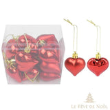 Boules de Noël cœur rouge, finitions brillante et mate, cordon doré pour suspendre
