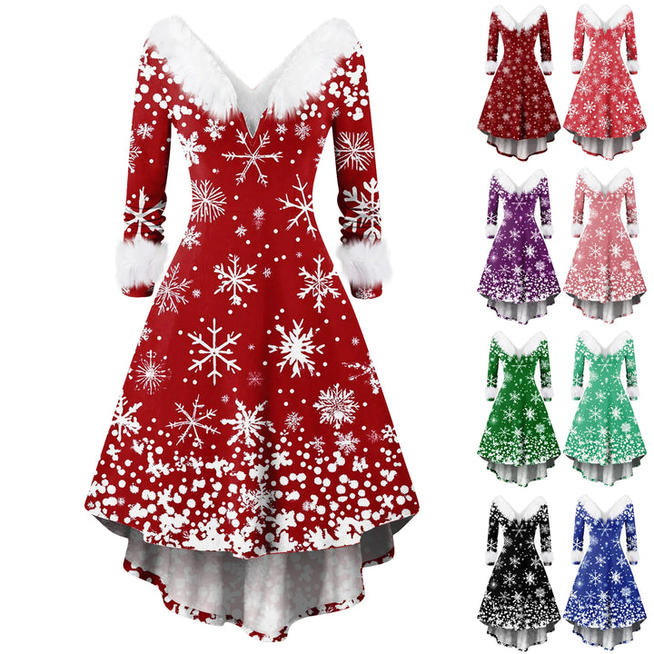 Nuancier de la robe de soirée de Noël : rouge à col fourrure blanche en grand, 8 autres coloris