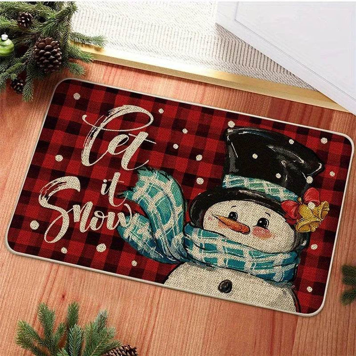 Tapis d'entrée à carreaux buffalo rouges, bonhomme de neige en chapeau haut-de-forme et écharpe