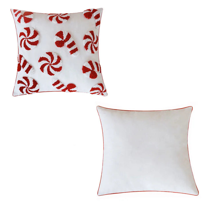 Housse de coussin sucre d'orge : recto à motifs brodés en relief, verso blanc uni