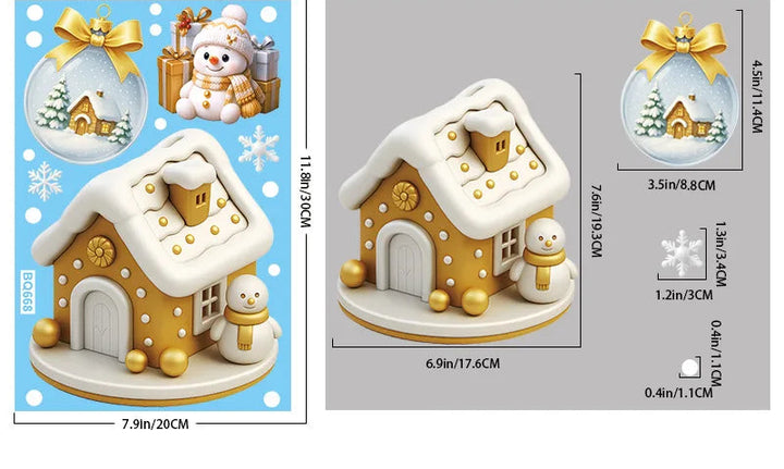 Sticker maison en pain d'épices dorée sous la neige avec un petit bonhomme, planche cotée