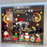 Sticker vitrine : Père Noël en patins tirant un petit train avec ours polaire et bonhomme de neige