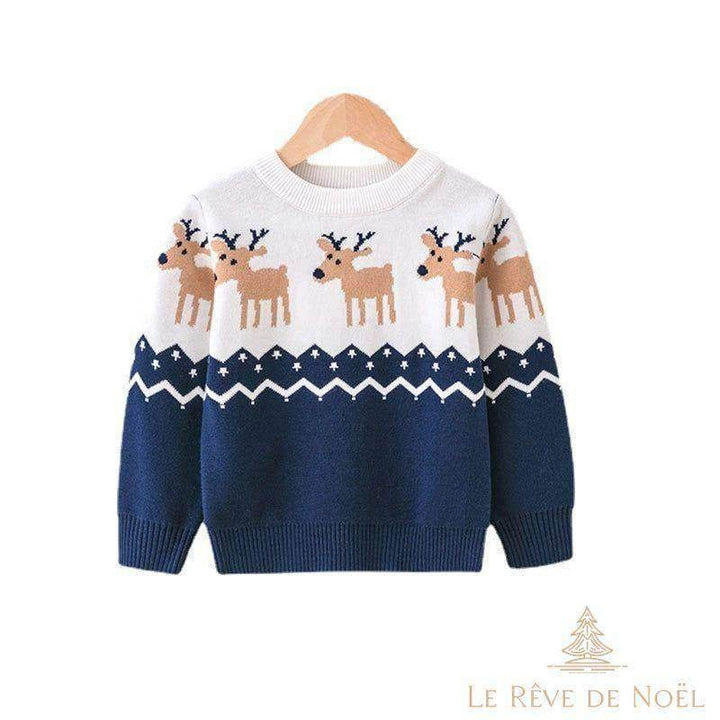 Pull de Noël enfant bleu marine à motif de rennes, vu de face sur cintre