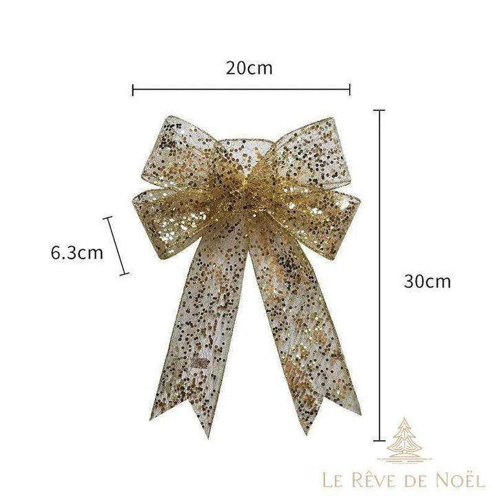 Schéma des dimensions du gros noeud doré pailleté pour sapin : 30 cm de haut, 20 cm de large