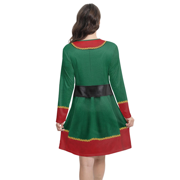 Vue de dos de la robe lutin verte, ourlet rouge à liseré doré et large ceinture noire