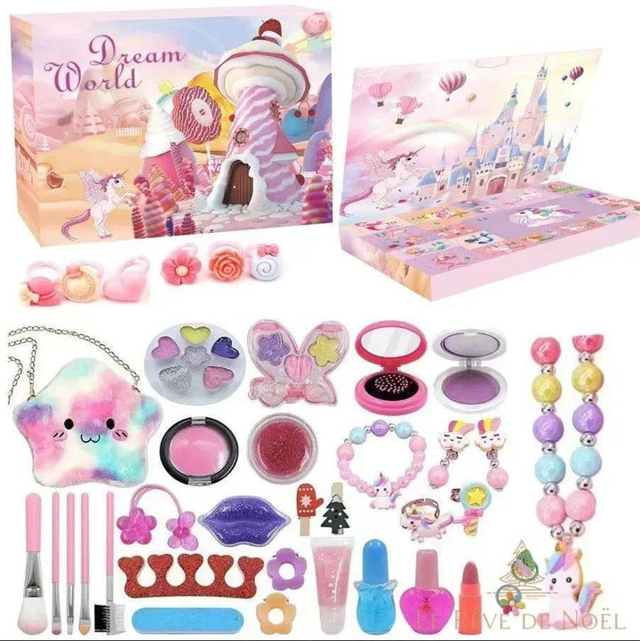 Calendrier de l'avent Maquillage, palette, pinceaux, rouge à lèvres et vernis à ongles autour