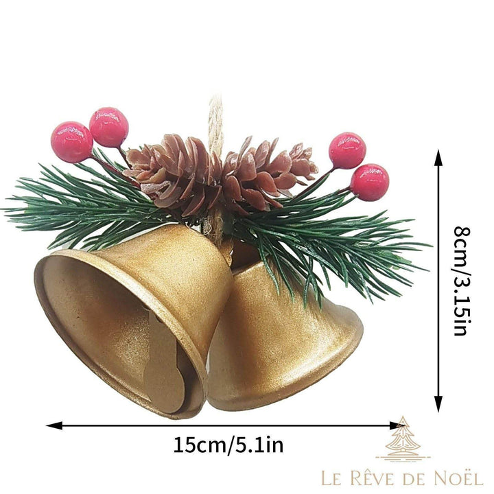 Schéma des dimensions de la double cloche dorée : 15 cm de large, 8 cm de haut