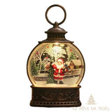 Lanterne bronze façon boule à neige lumineuse, Père Noël et sapin miniature à l'intérieur
