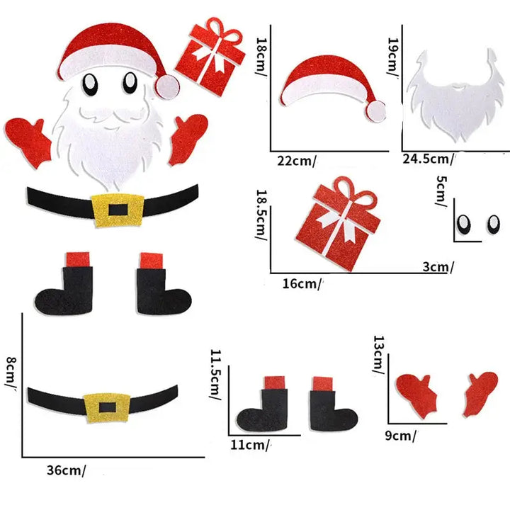 Schéma coté du sticker Père Noël pleine taille : bonnet, barbe, ceinture, bottes