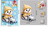 Sticker bonhomme de neige au bonnet jaune sur une luge motorisée, planche cotée 20x30cm