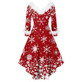 Robe de soirée de Noël rouge vif, col et manchettes en fausse fourrure blanche, flocons imprimés