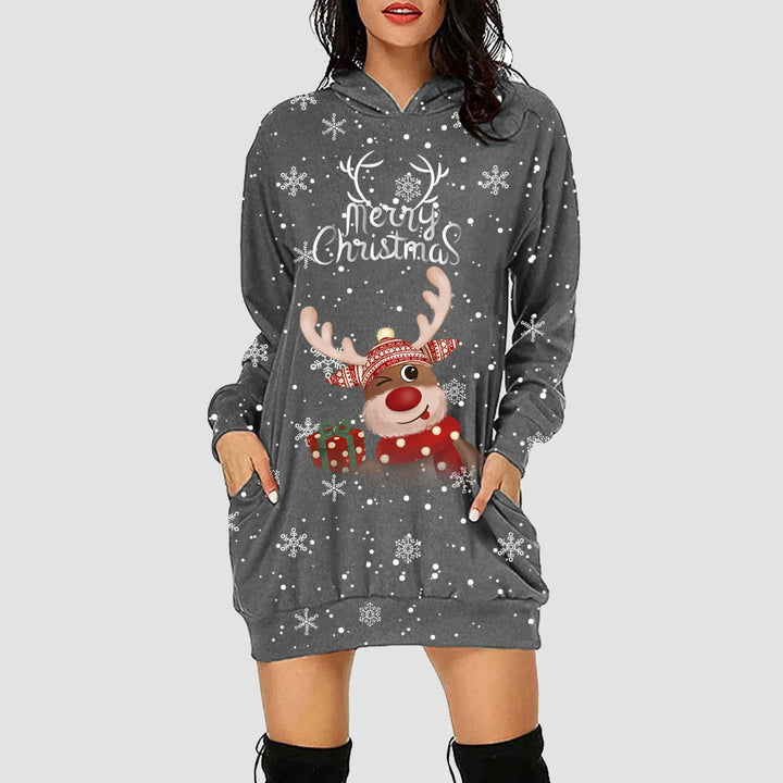 Robe sweat à capuche de Noël gris foncé chiné, motif renne et texte « Merry Christmas »