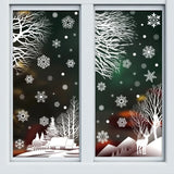Stickers de neige blancs sur fenêtre : arbres, village enneigé et renne en silhouette