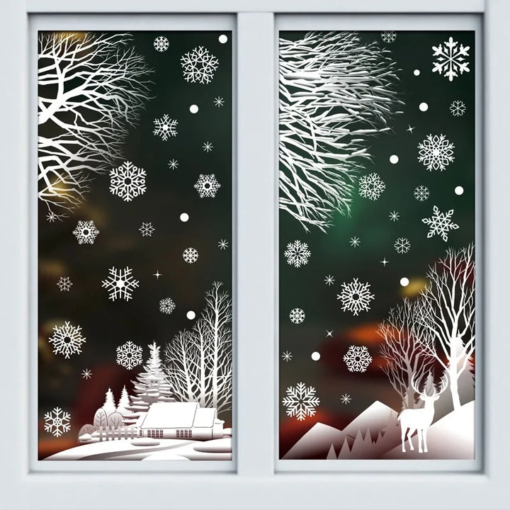 Stickers de neige blancs sur fenêtre : arbres, village enneigé et renne en silhouette