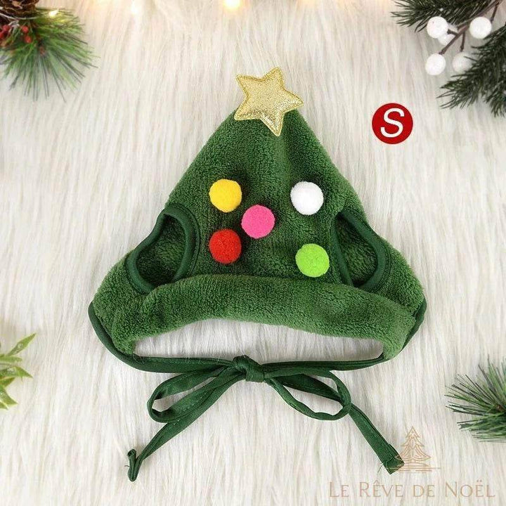 Bonnet sapin vert taille S, pompons multicolores et étoile dorée au sommet, posé à plat