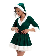 Robe de mère Noël verte à capuche bordée de fourrure blanche, ceinture noire, jupe évasée