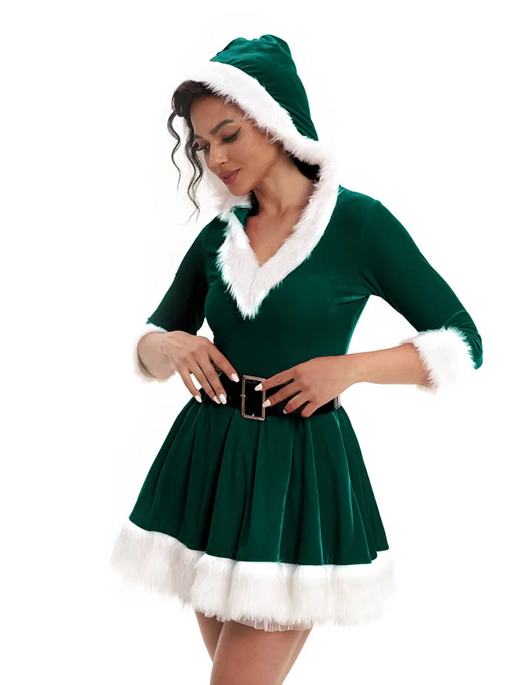Robe de mère Noël verte à capuche bordée de fourrure blanche, ceinture noire, jupe évasée